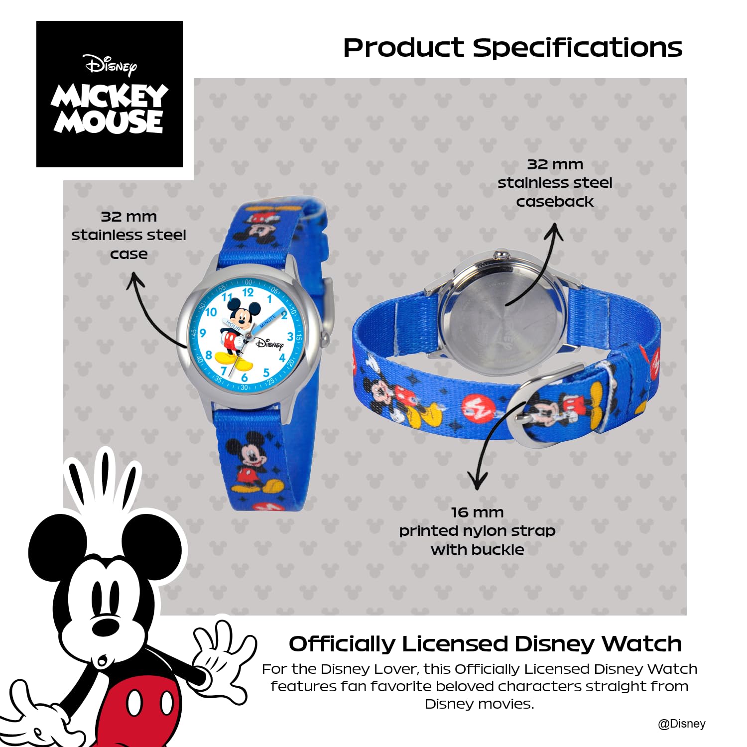 Disney Kids Time Teacher Mickey Mouse Stainless Steel Watch with Printed Nylon Band for Easy Learning - View 3 of 6