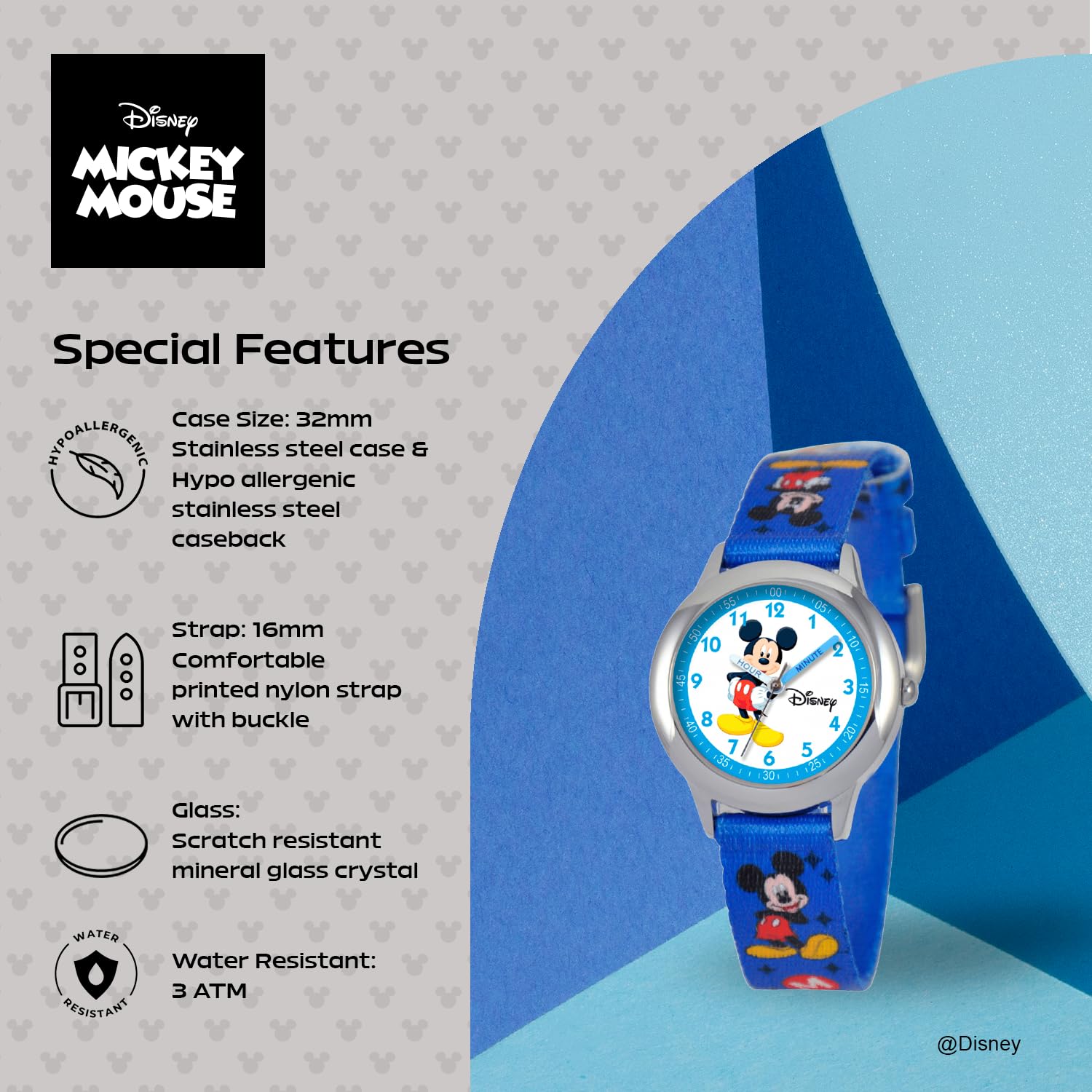 Disney Kids Time Teacher Mickey Mouse Stainless Steel Watch with Printed Nylon Band for Easy Learning - View 4 of 6