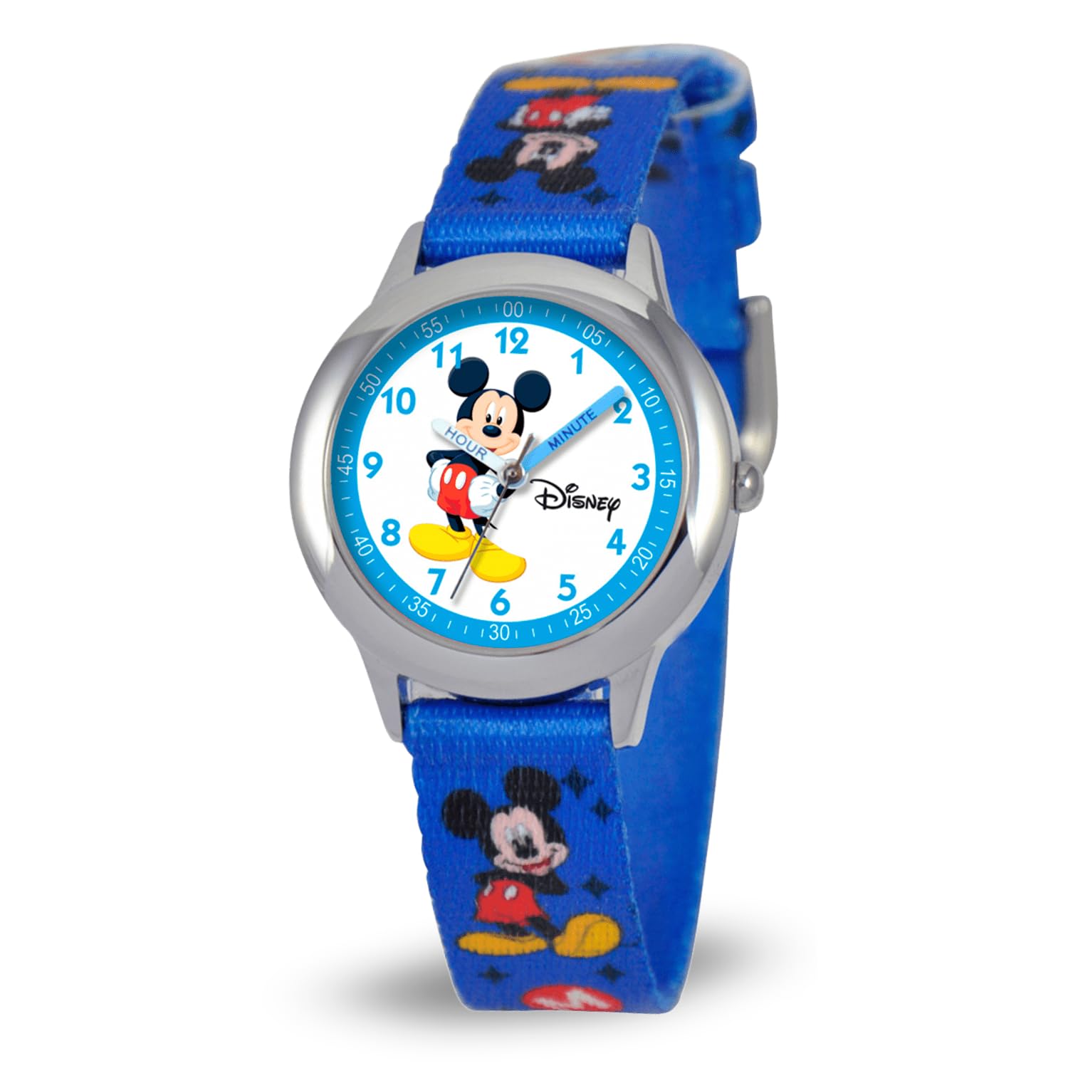 Disney Kids Time Teacher Mickey Mouse Stainless Steel Watch with Printed Nylon Band for Easy Learning