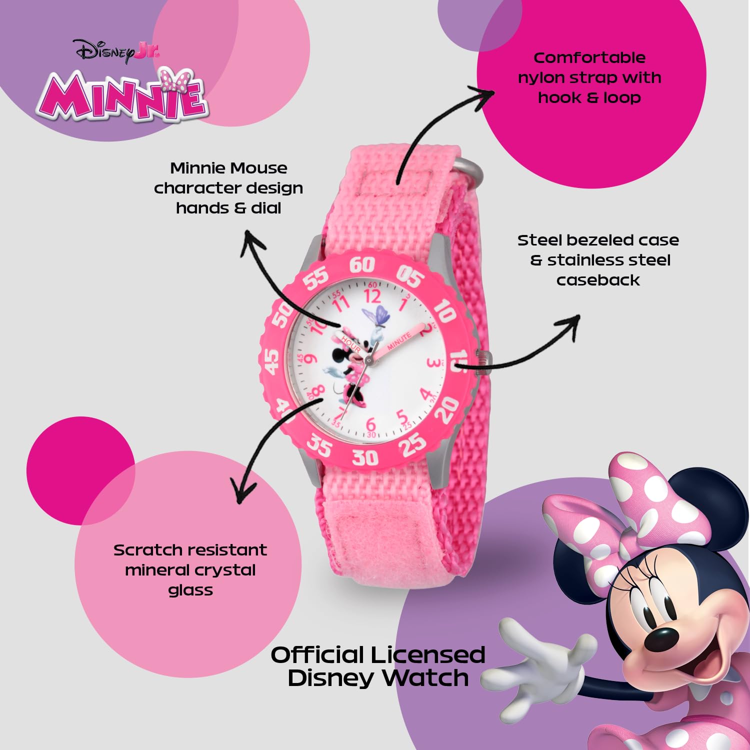 Disney Minnie Mouse Kids Bezel Stainless Steel Time Teacher Analog Nylon Strap Watch for Girls - View 2 of 5