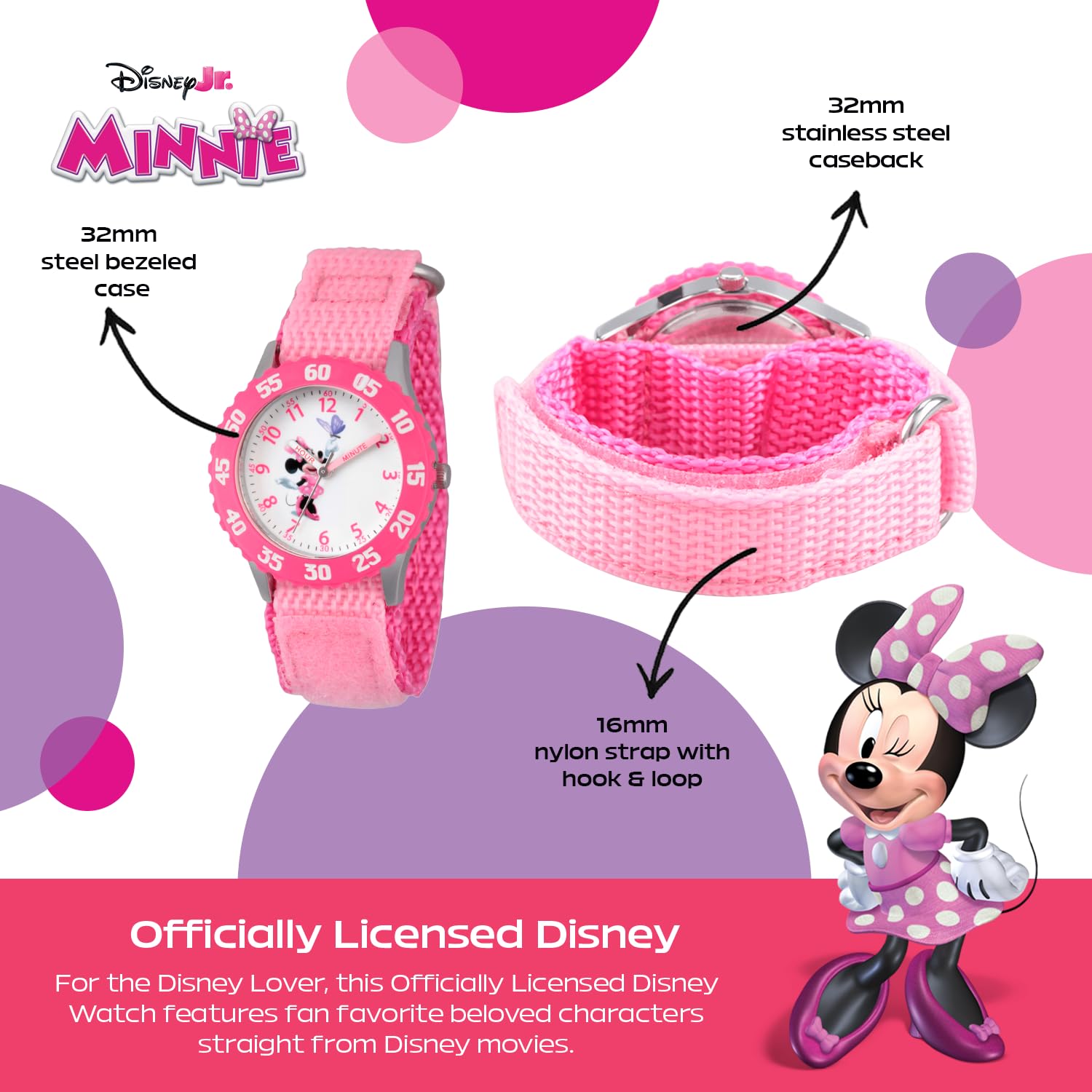 Disney Minnie Mouse Kids Bezel Stainless Steel Time Teacher Analog Nylon Strap Watch for Girls - View 3 of 5