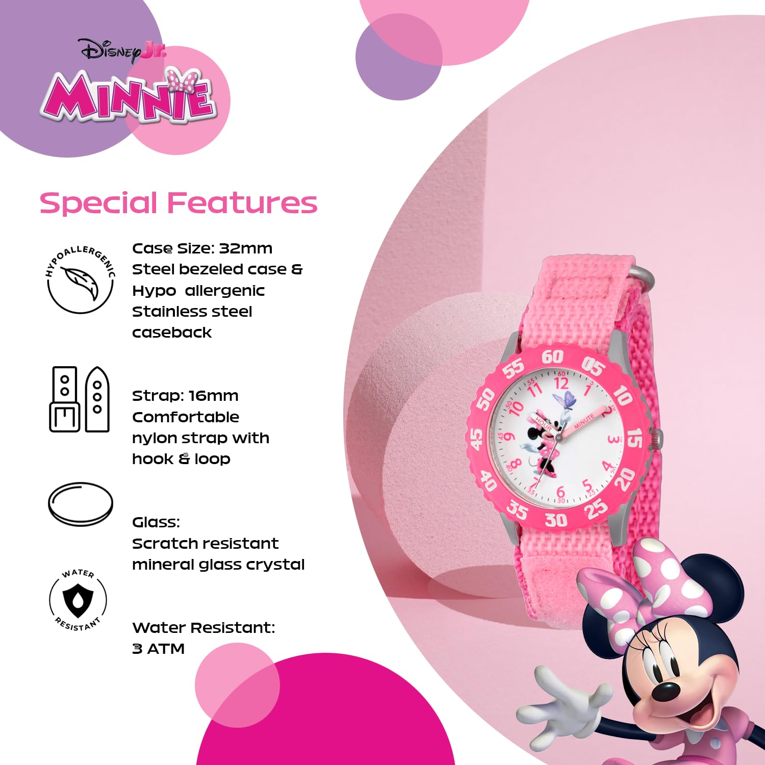 Disney Minnie Mouse Kids Bezel Stainless Steel Time Teacher Analog Nylon Strap Watch for Girls - View 4 of 5