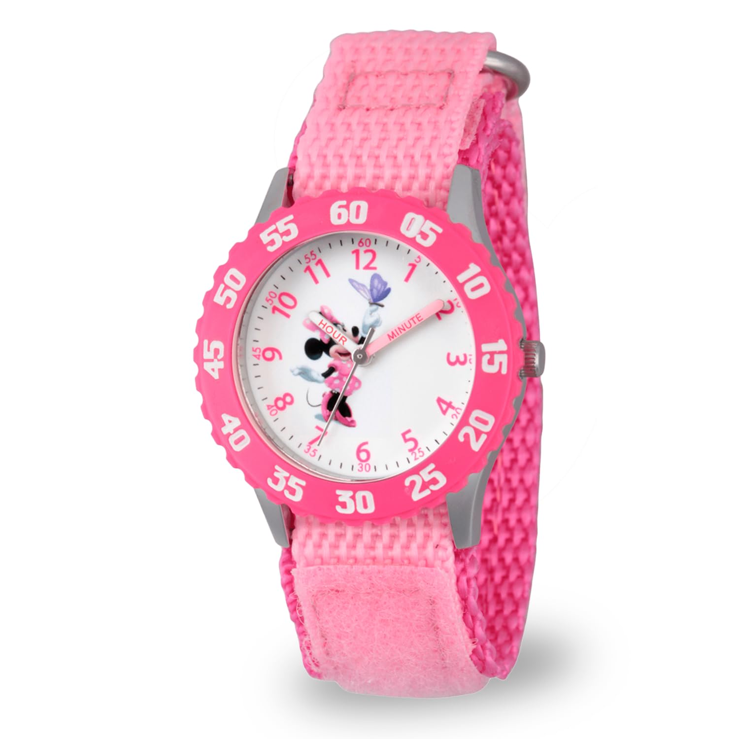 Disney Minnie Mouse Kids Bezel Stainless Steel Time Teacher Analog Nylon Strap Watch for Girls