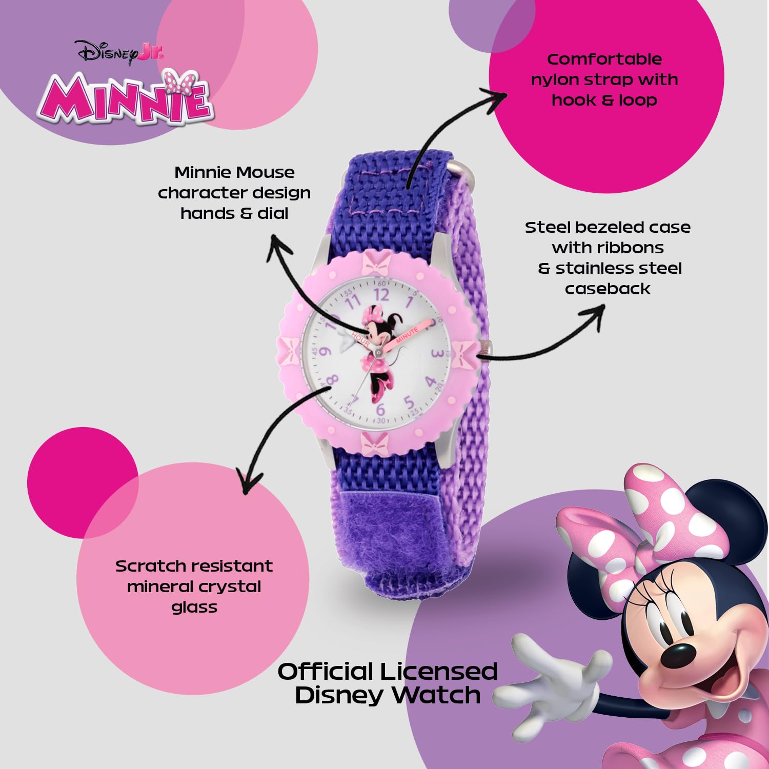 Disney Disney Minnie Mouse Kids Bezel Stainless Steel Time Teacher Analog Nylon Strap Watch for Learning to Tell Time - View 2 of 6