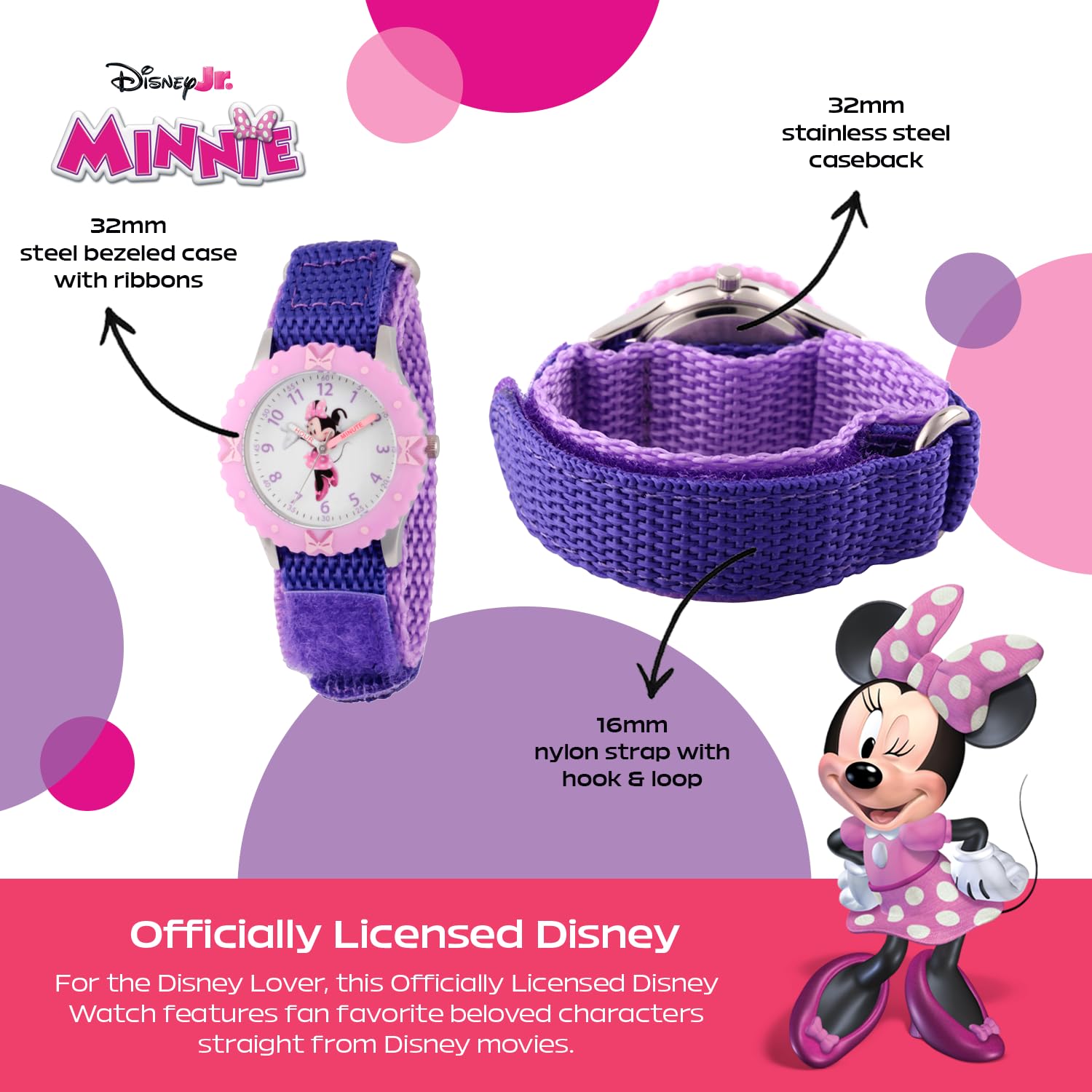 Disney Disney Minnie Mouse Kids Bezel Stainless Steel Time Teacher Analog Nylon Strap Watch for Learning to Tell Time - View 3 of 6