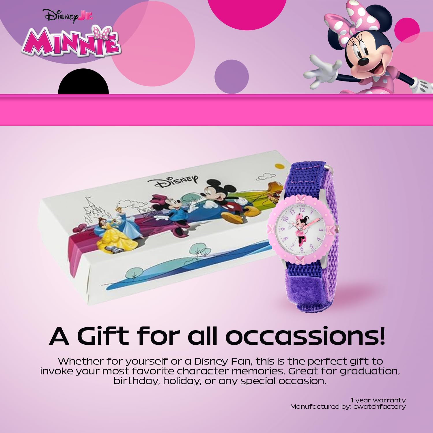 Disney Disney Minnie Mouse Kids Bezel Stainless Steel Time Teacher Analog Nylon Strap Watch for Learning to Tell Time - View 6 of 6