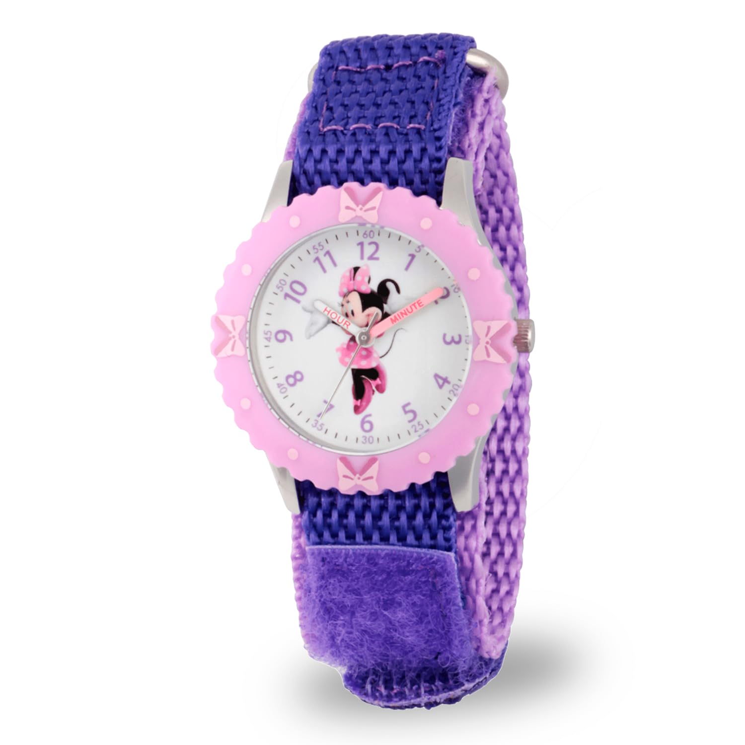 Disney Disney Minnie Mouse Kids Bezel Stainless Steel Time Teacher Analog Nylon Strap Watch for Learning to Tell Time