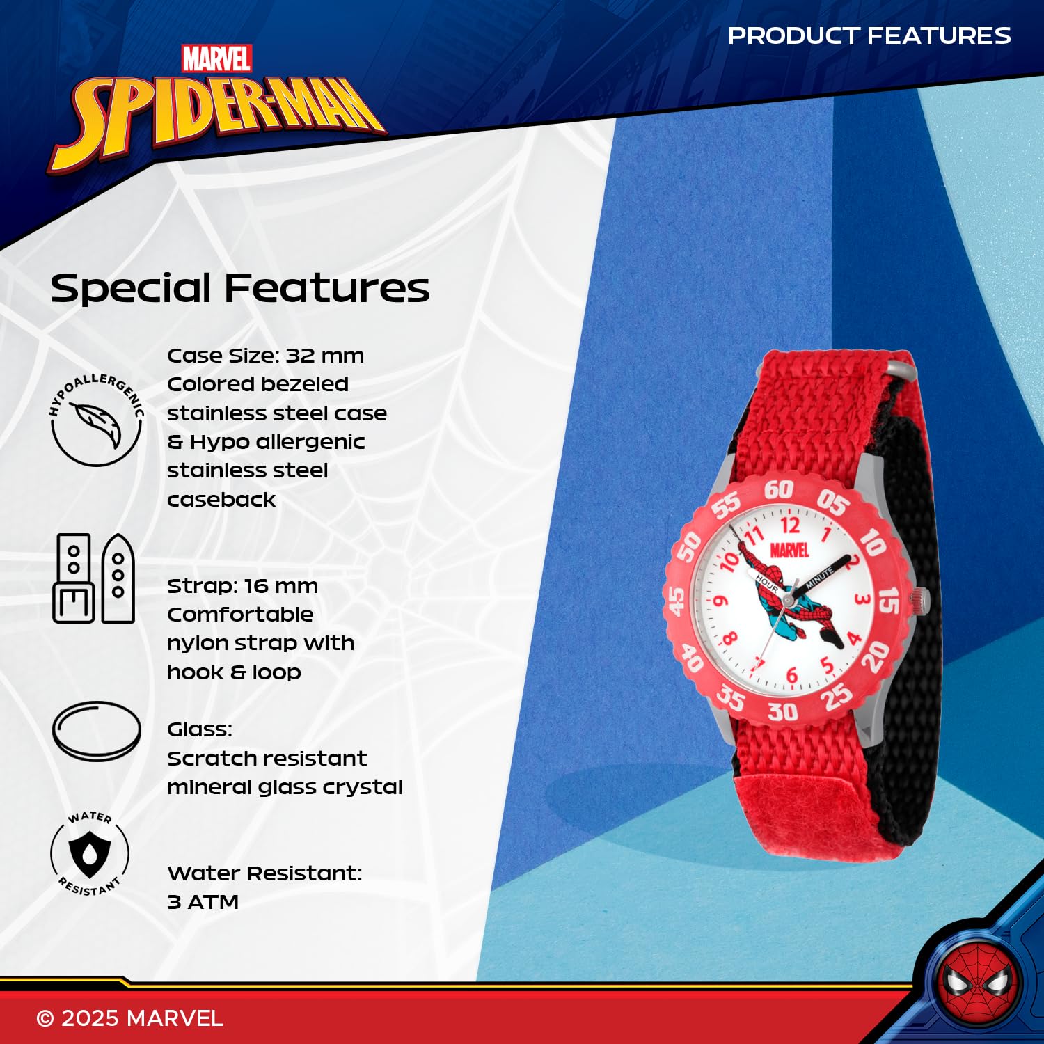 Marvel Marvel Spider-Man Kids Bezel Stainless Steel Time Teacher Analog Quartz Watch with Nylon Strap for Boys and Girls - View 4 of 6