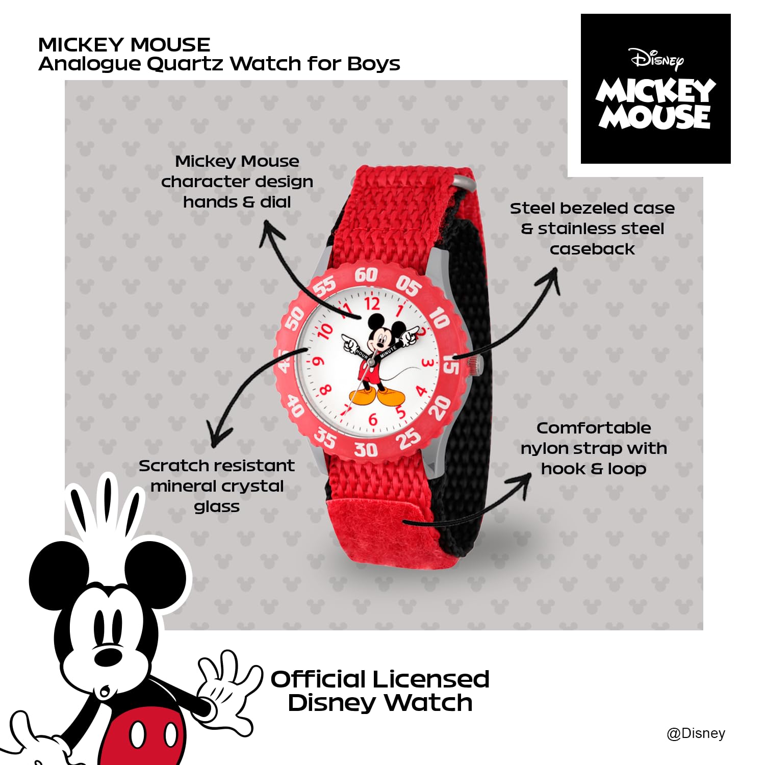 Disney Disney Mickey Mouse Kids Bezel Stainless Steel Time Teacher Analog Nylon Strap Watch for Boys and Girls - View 2 of 6