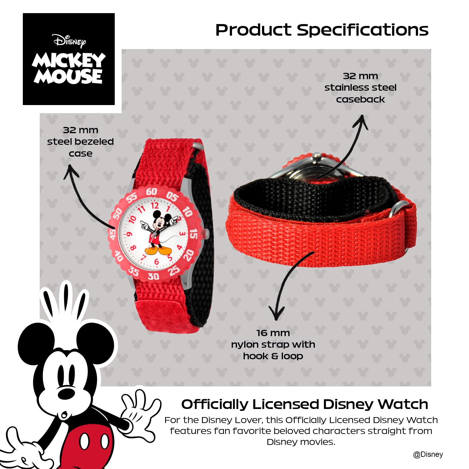 Disney Disney Mickey Mouse Kids Bezel Stainless Steel Time Teacher Analog Nylon Strap Watch for Boys and Girls - View 3 of 6