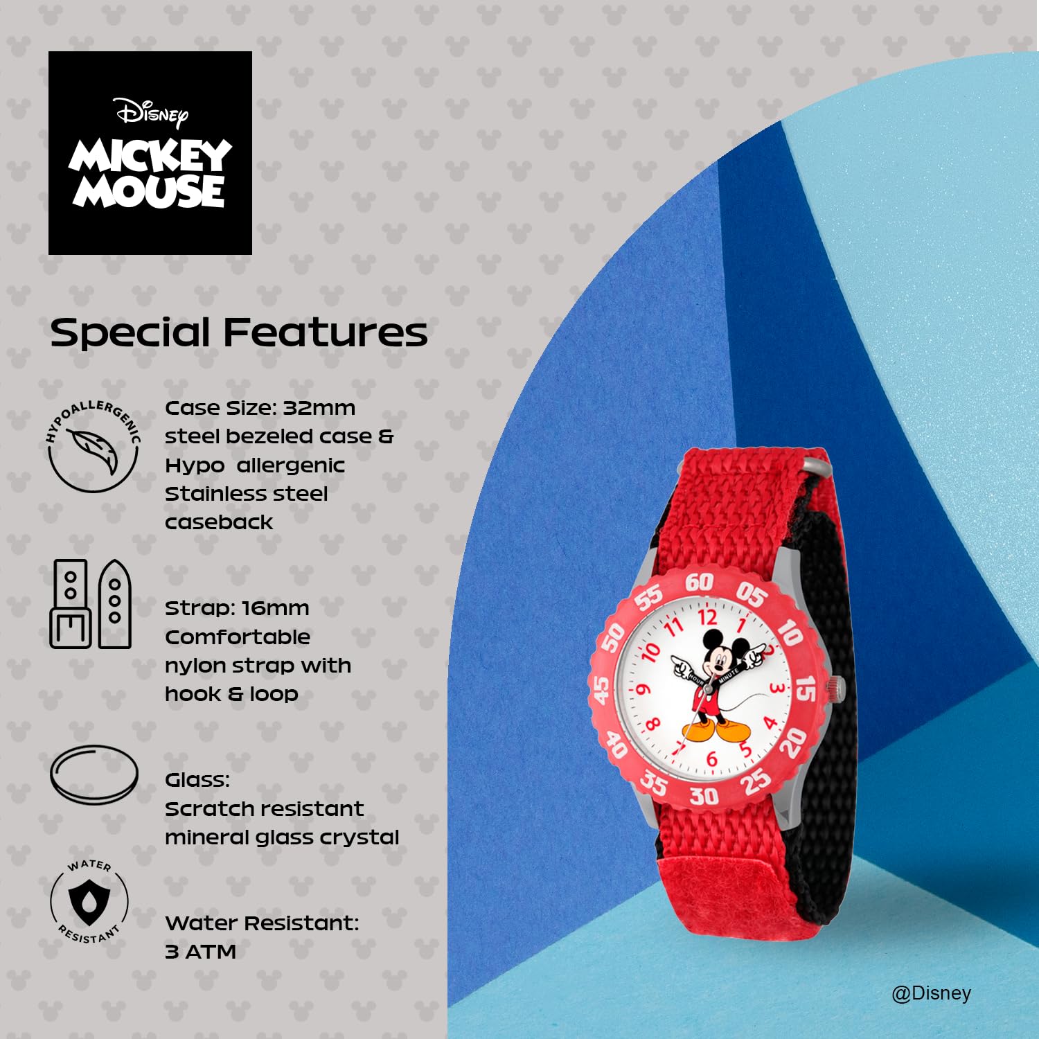 Disney Disney Mickey Mouse Kids Bezel Stainless Steel Time Teacher Analog Nylon Strap Watch for Boys and Girls - View 4 of 6