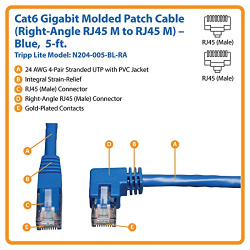 Eaton Tripp Lite 5-ft Cat6 Gigabit Right Angle RJ45 Patch Cable - Blue (N204-005-BL-RA) for Fast Networking - View 5 of 5