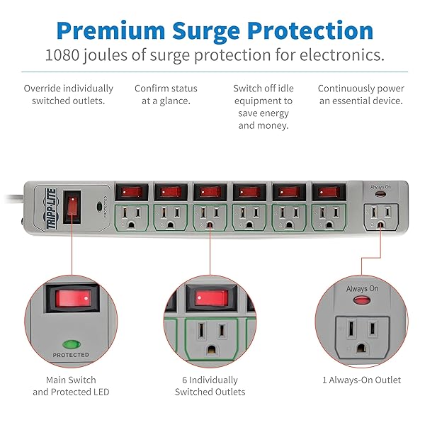 TRIPP LITE Tripp Lite TLP76MSG Surge Protector: 7 Outlet Power Strip with 6ft Cord & $25K Insurance - Lifetime Warranty - View 4 of 10