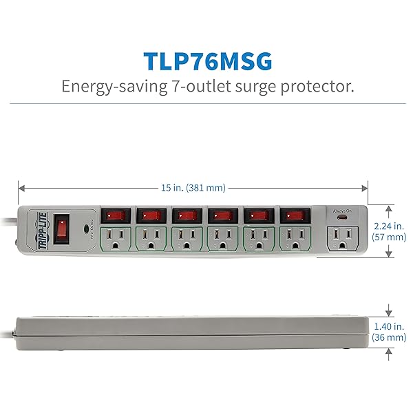 TRIPP LITE Tripp Lite TLP76MSG Surge Protector: 7 Outlet Power Strip with 6ft Cord & $25K Insurance - Lifetime Warranty - View 7 of 10