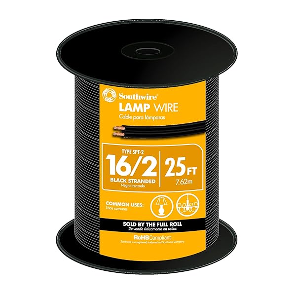 Buy Woods Southwire 55681821 25ft 16-Gauge 2 Conductor SPT-2 Lamp Cord - Durable Black Thermoplastic Insulation