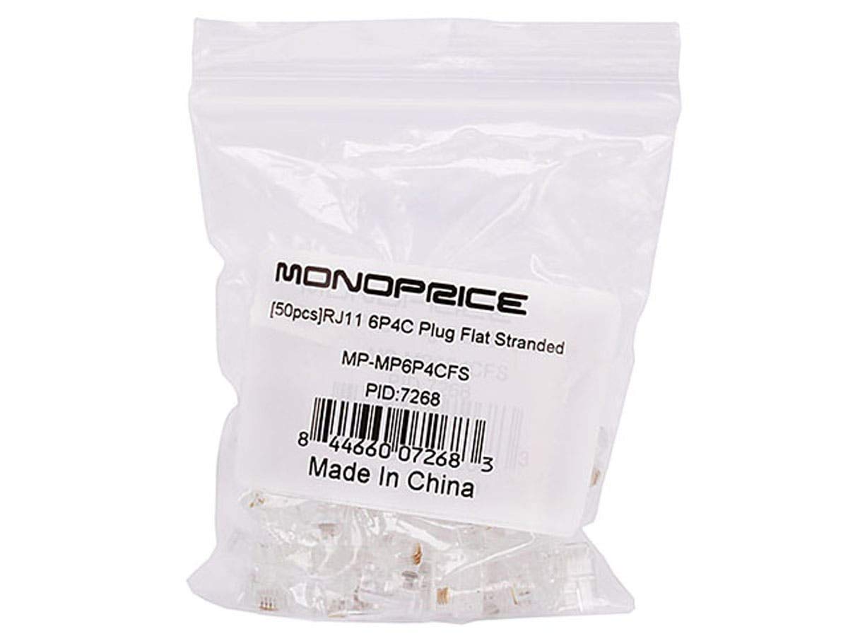 Monoprice Monoprice 6P4C RJ11 Modular Plugs 50 Pack for Flat Solid Stranded Cable 1u 2 Prongs Clear - View 3 of 3