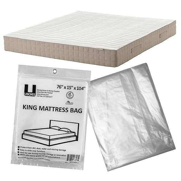 UBOXES "uBoxes King Mattress Cover 76"x15"x104" - Clear Moving Bag for Safe Storage & Transport"