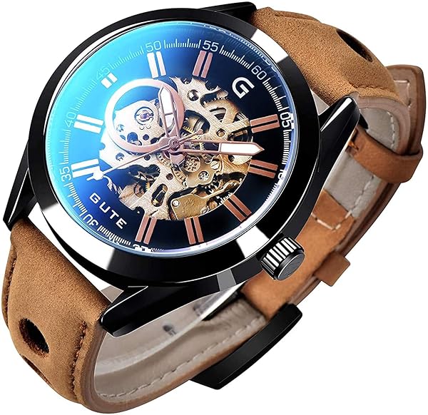 GLEIM Gute Mens Mechanical Skeleton Automatic Steampunk Watch Casual Brown Leather Wrist Watch