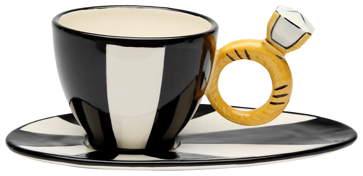 Appletree Design Appletree Design Black and White Cup and Saucer with Ring Holder 3-1/4 Inch and 8-1/8 Inch Long for Elegant Dining