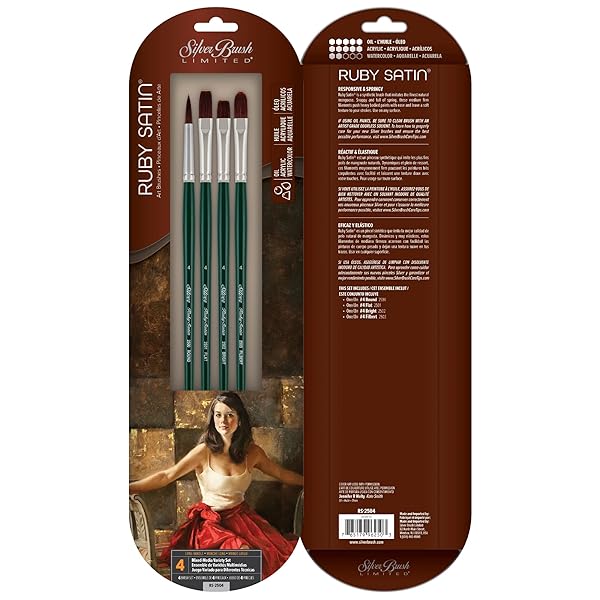 Silver Brush Limited Silver Brush Limited RS-2504 Ruby Satin Mixed-Media Paintbrush Set for Oil Acrylic Heavy Body Paints Size 4 Round Flat Bright Filbert Long Handle