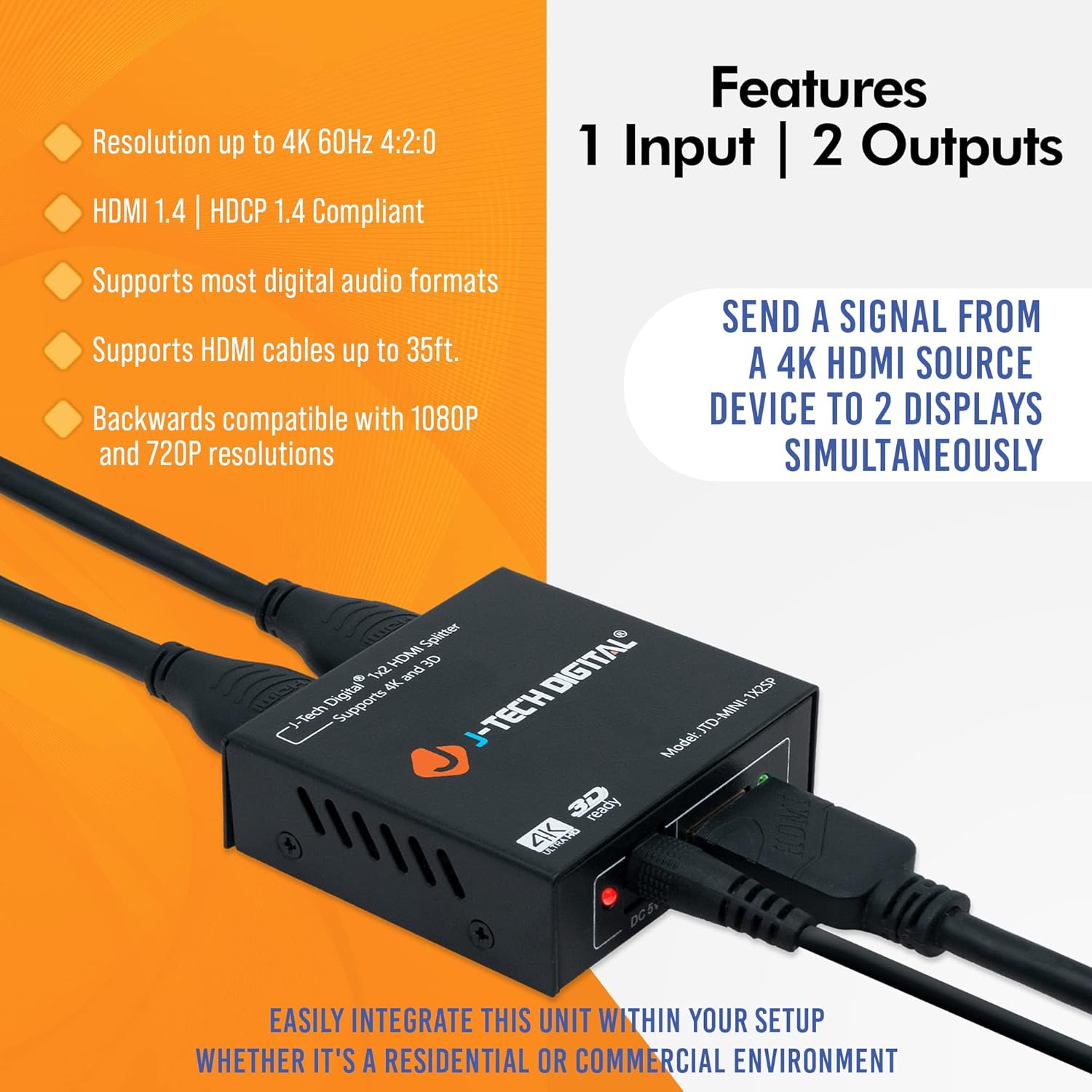 J-Tech Digital 4K 60Hz HDMI Splitter 1 in 2 Out Powered Dual Monitor Splitter by J-Tech Digital JTD-MINI-1X2SP - View 3 of 9