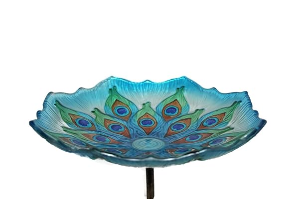 Evergreen Garden Evergreen Garden 11 Inch Glass Bird Bath Bowl and Stand Hand Painted Blue Green Peacock Feather 26 Inches Tall for Outdoors