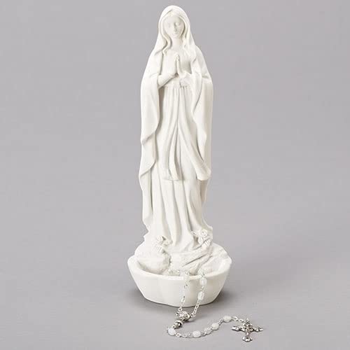 Roman Elegant Our Lady of Lourdes Ivory 3x8 Resin Stone Tabletop Rosary Holder - Perfect for Home Decor
