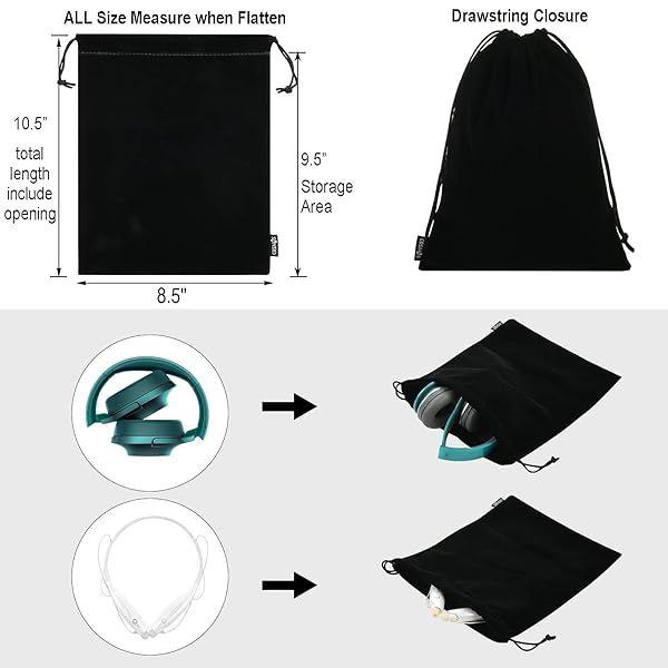 Cosmos Cosmos 5 Pcs Portable Headphone Carrying Bag - Soft Drawstring Case for Over-Ear & Gaming Headsets (Black) - View 7 of 7