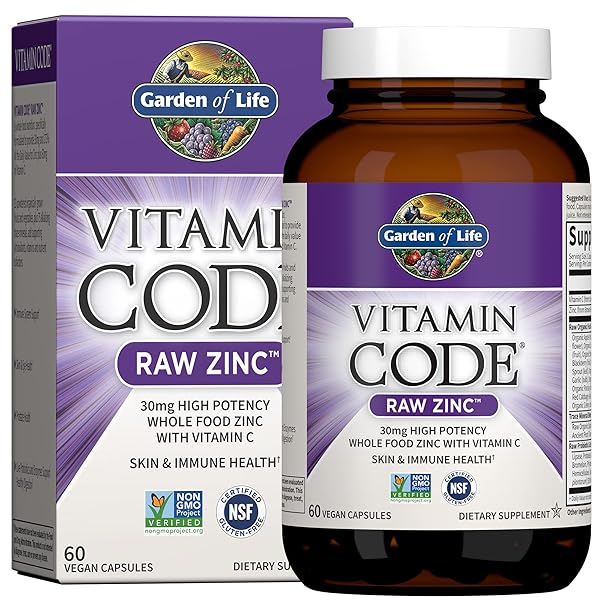 Garden of Life Garden of Life Zinc Supplements 30mg: High Potency Raw Zinc & Vitamin C for Immune Support & Skin Health - 60 Vegan Capsules