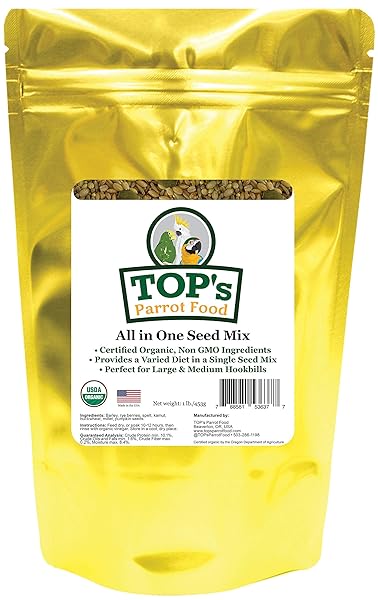 TOP's Parrot Food TOPs All in One Seed Mix for Large Birds Non GMO Peanut Soy Corn Free USDA Organic Certified 1lb