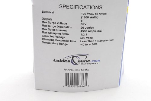 CABLESONLINE.COM ATLANTIC COMPUTERTECH 6 Outlet Surge Strip with 90 Joules Protection & 2ft Cable - Horizontal Design for Home & Office - View 8 of 8