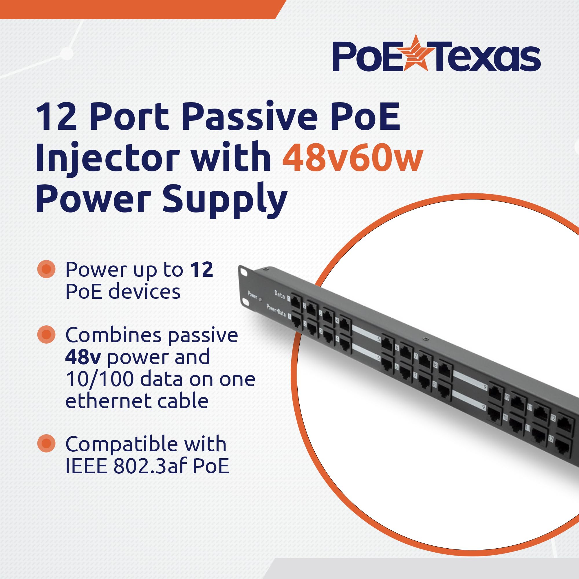 WS-POE-12 12 Port Passive Power over Ethernet Injector 48V 60W Power Supply for Cameras IP Phones Access Points - View 2 of 6