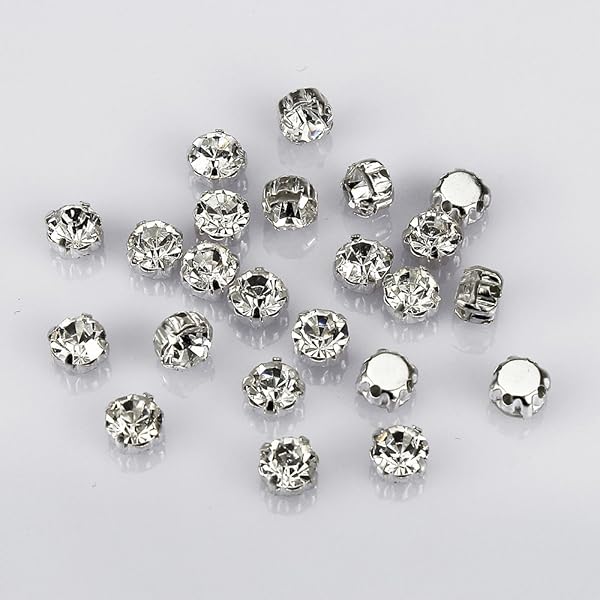 LolliBeads 100 Pcs LolliBeads Crystal Sew-On Rhinestones - White 6mm Czech Glass with Silver Plated Prongs