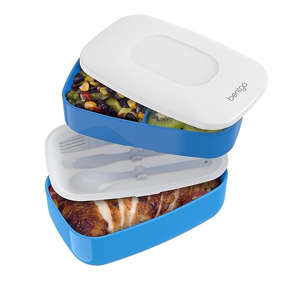Bentgo Buy Bentgo Classic Adult Bento Box - Stackable 3-Compartment Lunch Container, BPA Free, Includes Utensils & Sealing Strap (Blue)