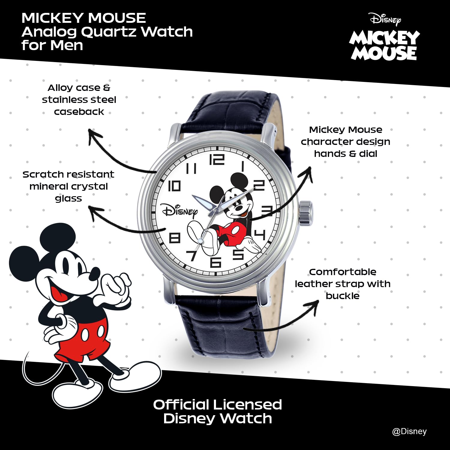 Disney Mickey Mouse Vintage Articulating Hands Analog Quartz Watch for Adults Black Color - View 2 of 6