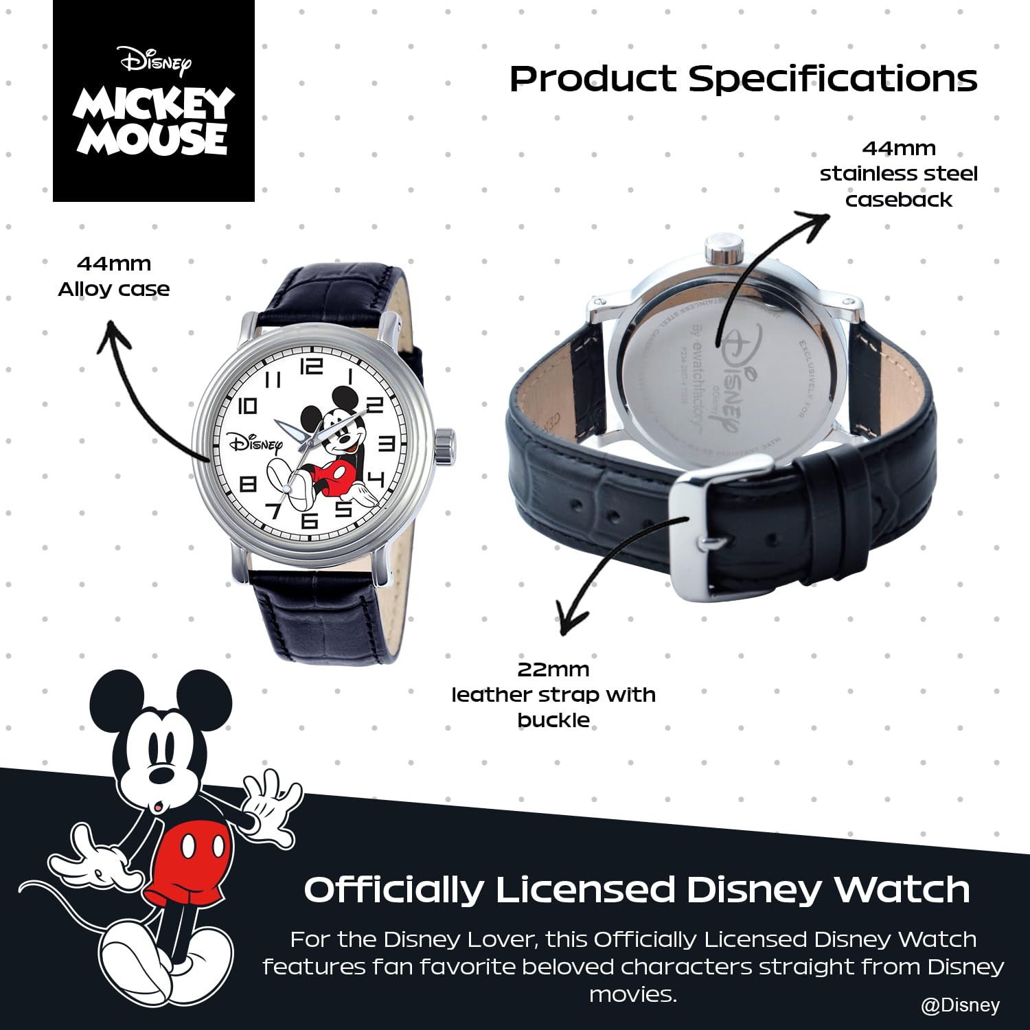 Disney Mickey Mouse Vintage Articulating Hands Analog Quartz Watch for Adults Black Color - View 3 of 6