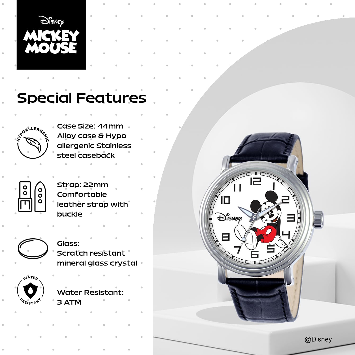 Disney Mickey Mouse Vintage Articulating Hands Analog Quartz Watch for Adults Black Color - View 4 of 6
