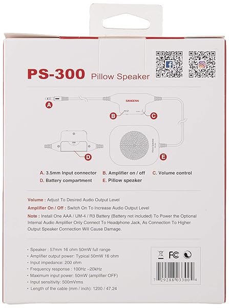 Sangean Sangean PS-300 Pillow Speaker with In-line Volume Control and Amplifier (White) - View 5 of 5