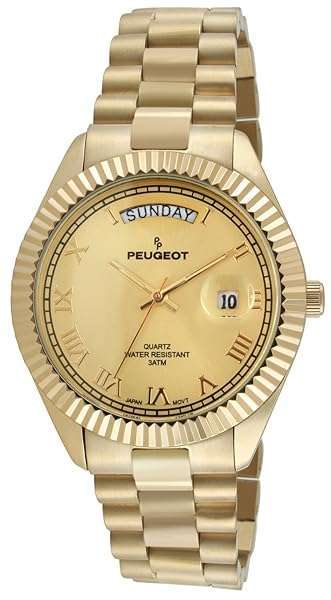 Peugeot 14K Gold Plated Luxury Watch: Big Face, Day-Date, Roman Numerals & Fluted Bezel