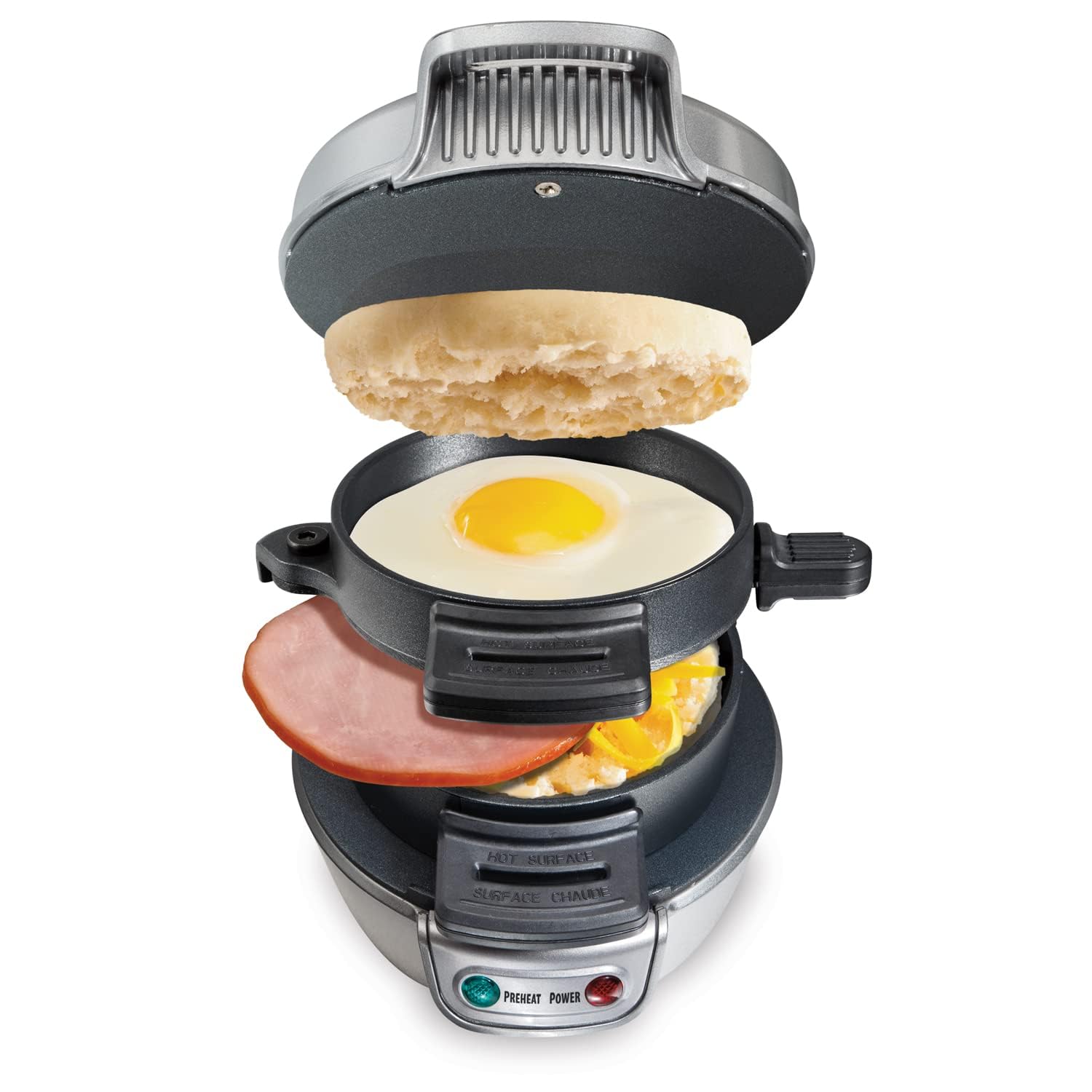 Hamilton Beach Hamilton Beach Breakfast Sandwich Maker with Egg Cooker Ring, Customize Ingredients, Perfect for English Muffins, Croissants, Mini Waffles, Perfect White Elephant Gifts, Silver (25475)