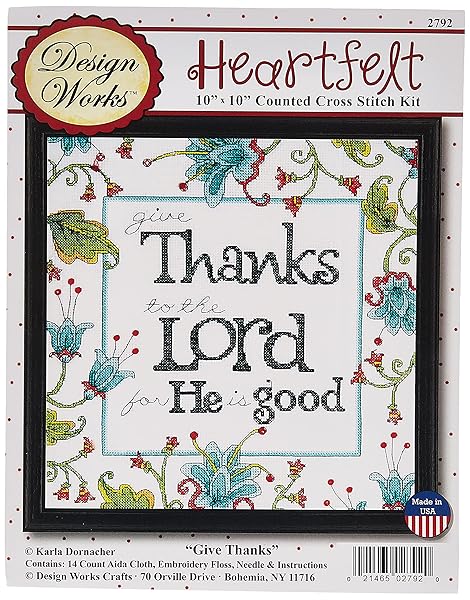 Design Works Crafts Shop Tobin DW2792 Heartfelt Give Thanks Cross Stitch Kit - 10x10 Inch, 14 Count for Easy Crafting!