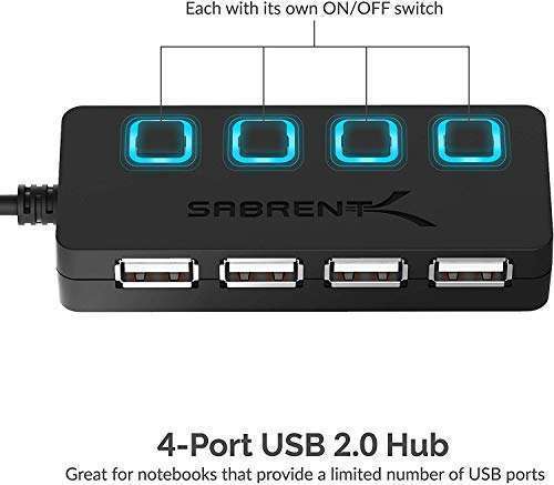 SABRENT SABRENT 4 Port USB 2.0 Hub with LED Power Switches for Mac & PC - Fast Data Transfer, Not for Charging - View 3 of 9