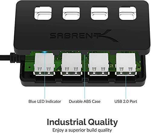 SABRENT SABRENT 4 Port USB 2.0 Hub with LED Power Switches for Mac & PC - Fast Data Transfer, Not for Charging - View 7 of 9