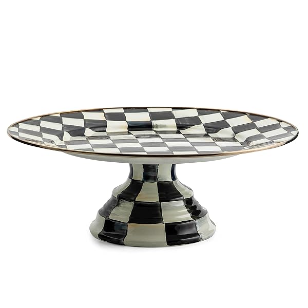 MACKENZIE-CHILDS MACKENZIE-CHILDS Large Round Enamel Pedestal Platter Black and White Courtly Check Cake Stand