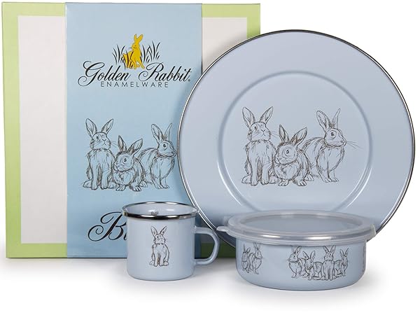 Golden Rabbit Golden Rabbit Enamelware 3 Piece Child Dinner Set Blue Bunnies Perfect for Kids Dining