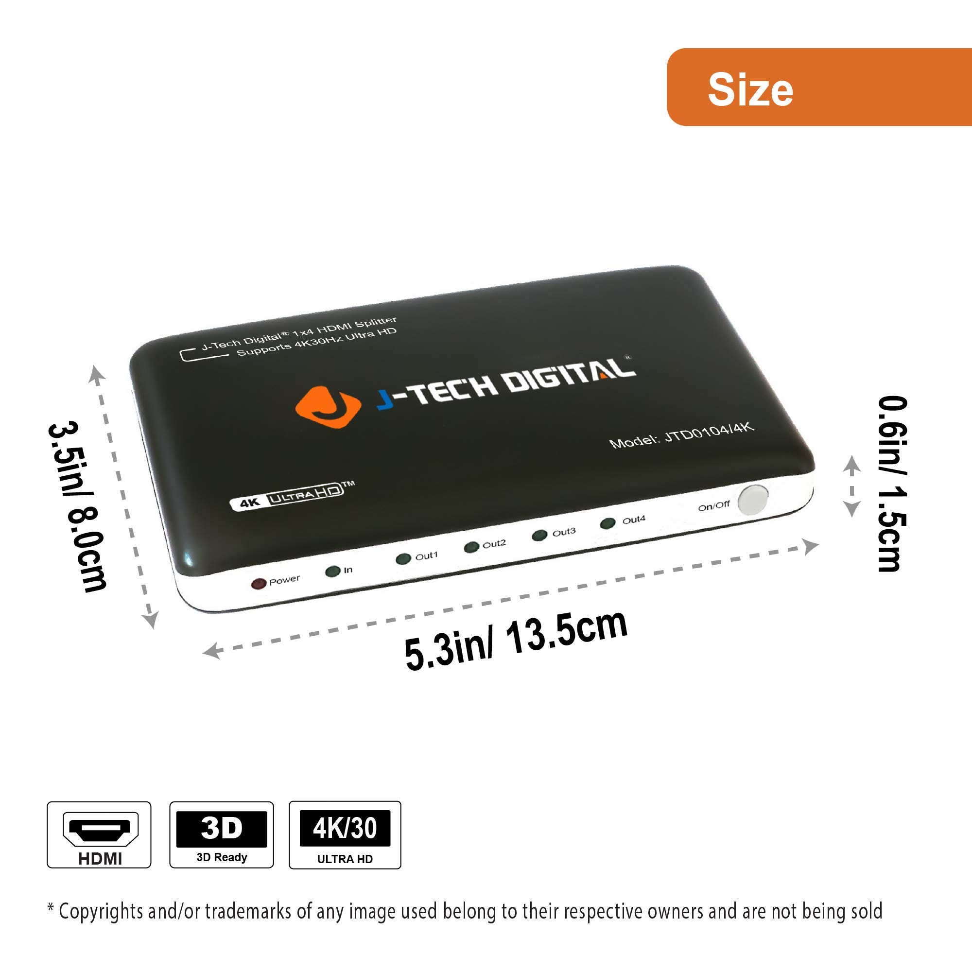 J-Tech Digital J-Tech Digital JTD0104 4K HDMI Splitter: 4 Ports, Ultra HD 3840x2160, 3D Support - Advanced Powered Solution - View 2 of 6