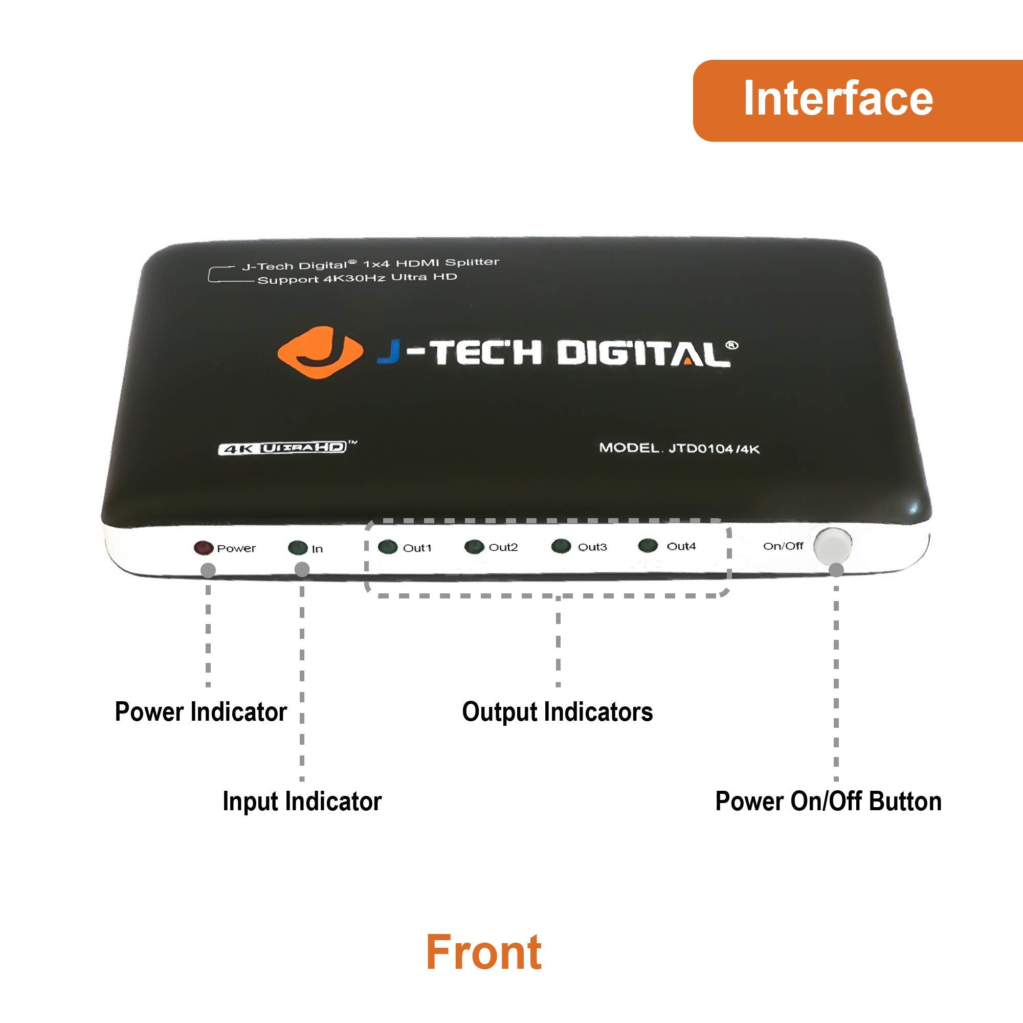 J-Tech Digital J-Tech Digital JTD0104 4K HDMI Splitter: 4 Ports, Ultra HD 3840x2160, 3D Support - Advanced Powered Solution - View 3 of 6
