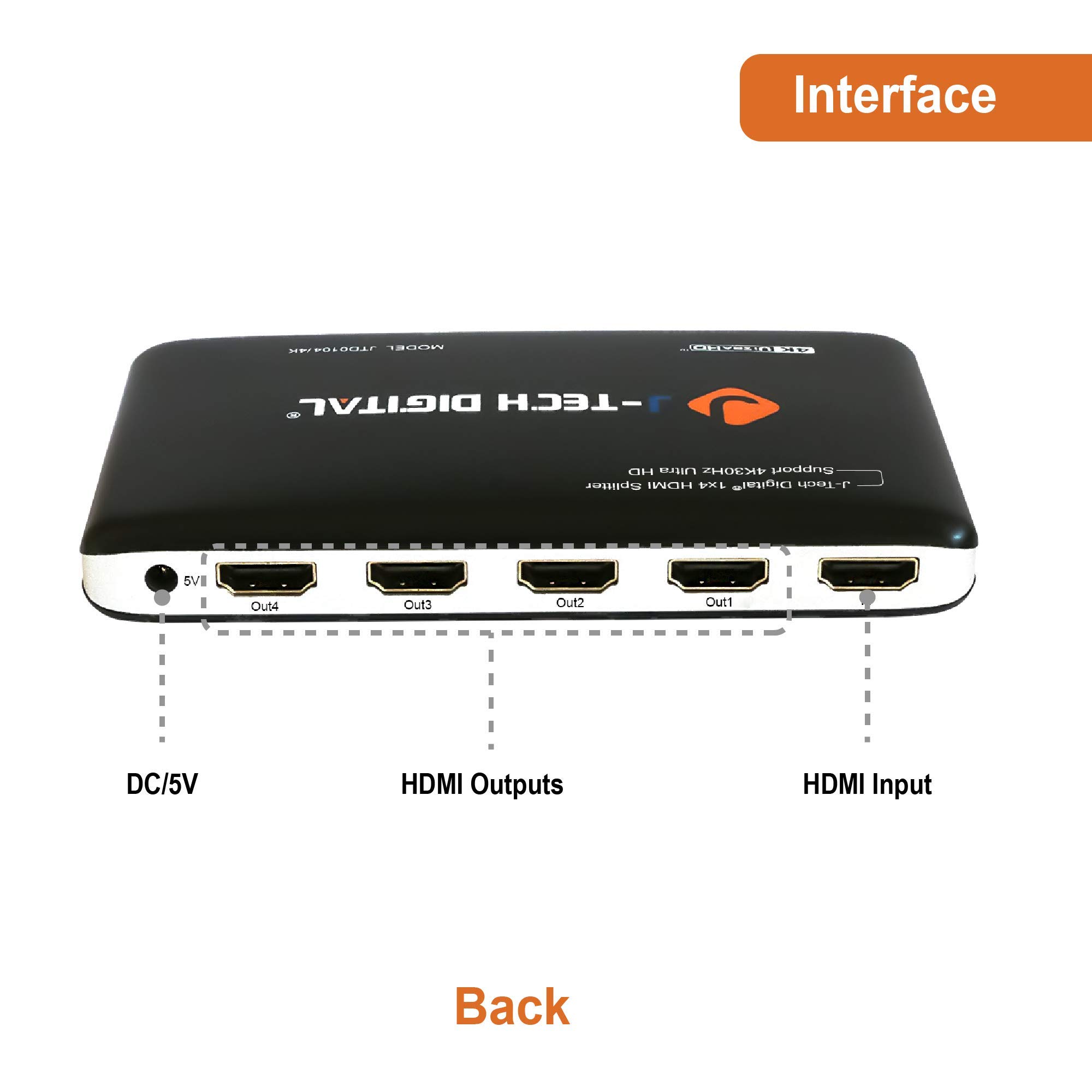 J-Tech Digital J-Tech Digital JTD0104 4K HDMI Splitter: 4 Ports, Ultra HD 3840x2160, 3D Support - Advanced Powered Solution - View 4 of 6