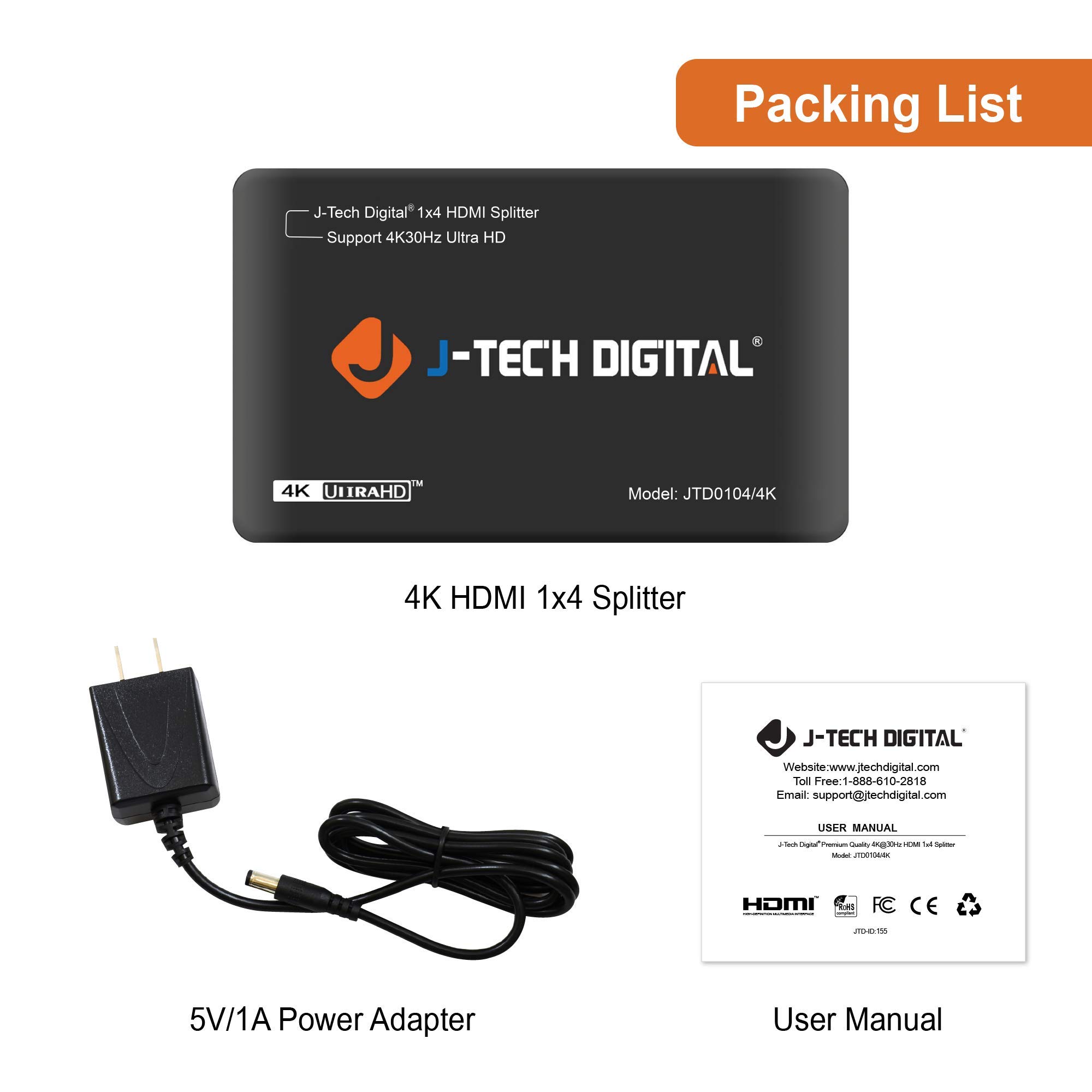 J-Tech Digital J-Tech Digital JTD0104 4K HDMI Splitter: 4 Ports, Ultra HD 3840x2160, 3D Support - Advanced Powered Solution - View 6 of 6