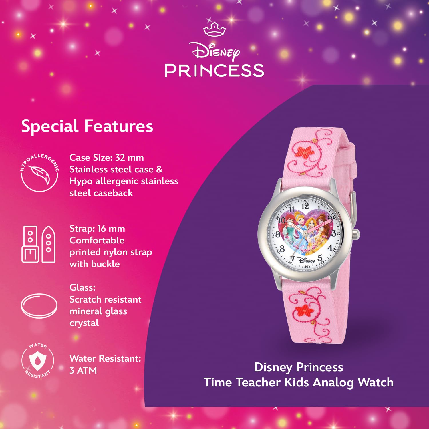Disney Disney Princess Kids Stainless Steel Time Teacher Analog Strap Watch for Learning Time with Fun Design - View 4 of 6